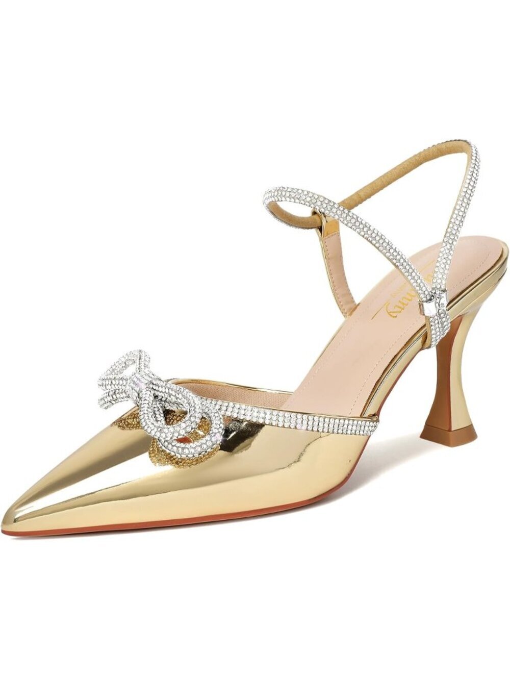 Women's Gold-kitten Closed Toe Rhinestone Low Slingback Shoes Kitten Heels